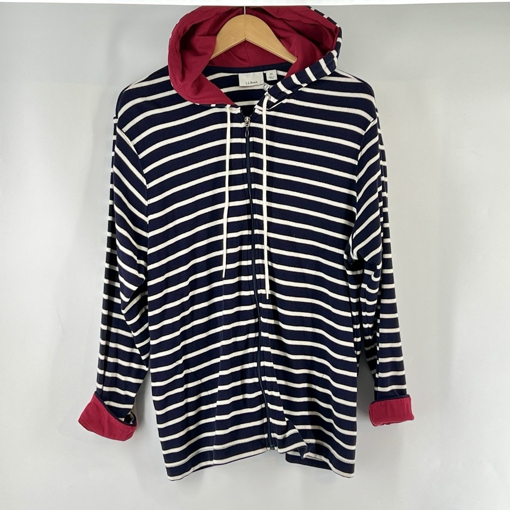 Vtg LL Bean Full Zip Cardigan Hoodie 3X Striped Navy Americana Coastal Nautical